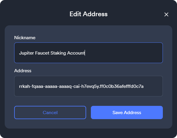 NNS dapp address book entry for the Jupiter Faucet staking account with a nickname
