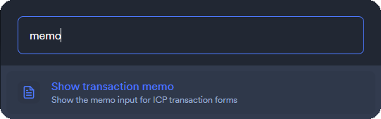 NNS dapp command palette with memo search shown